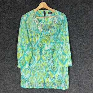 Lark Lane Mini Dress Women 18 Plus Blue Geometric Short Long Sleeve Cotton